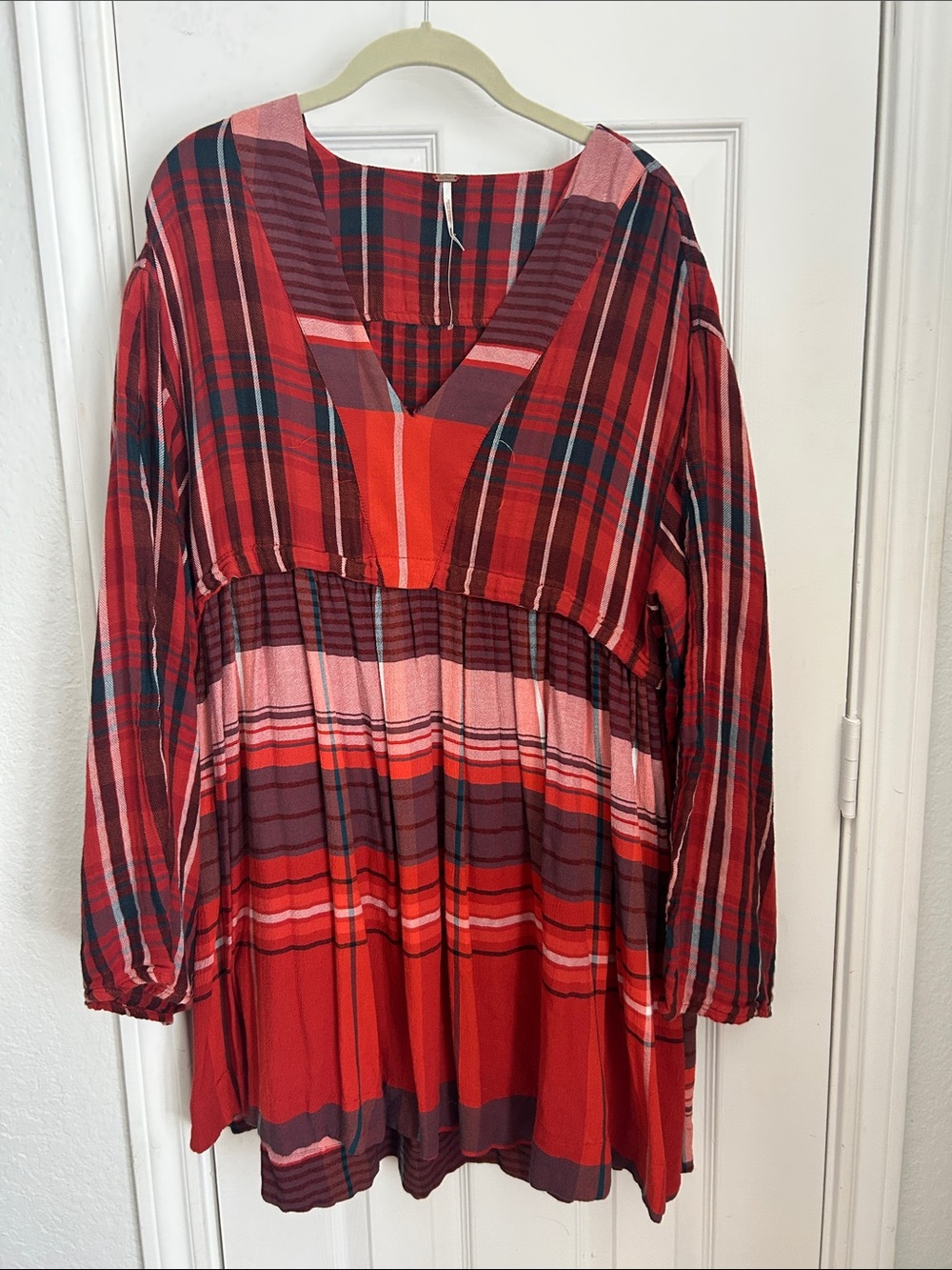 Free People Red Plaid V-Neck Mini Dress